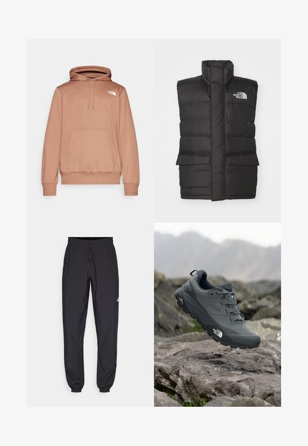 Gilet rembourré noir avec un col haut, doté d'une fermeture éclair à l'avant, de deux poches avant et d'un logo sur la poitrine. Texture lisse, design épuré.; Sweat à capuche de couleur brun clair, fabriqué en tissu doux, doté d'une poche avant et d'un petit logo blanc sur la poitrine.; Pantalon de sport noir en tissu léger, avec une taille à cordon, des poches latérales et des chevilles resserrées.; Chaussure de trail running grise avec un dessus texturé, semelle en caoutchouc durable et chaussure renforcée à l'avant. Comprend des lacets et un logo de la marque sur le côté.