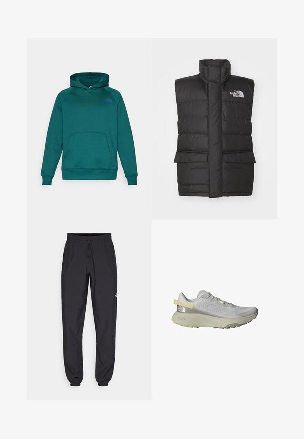 Črn podložen brezrokavnik z visokim ovratnikom, opremljen s sprednjim zadrgo, dvema sprednjima žepoma in logotipom na prsih. Gladka tekstura, eleganten dizajn.; Turkizna kapuca s vezicom, kengurska žep i rebrasti manžeti. Na prsima ima mali ljubičasti logo. Napravljen od mekog materijala.; Črne atletske hlače iz lahkega materiala, ki imajo elastični pas z vezalko, stranske žepe in zožene manšete na gležnjih.; The North Face ALTAMESA 300 - Trail tekaški čevlji - glacier gray/soapstone
