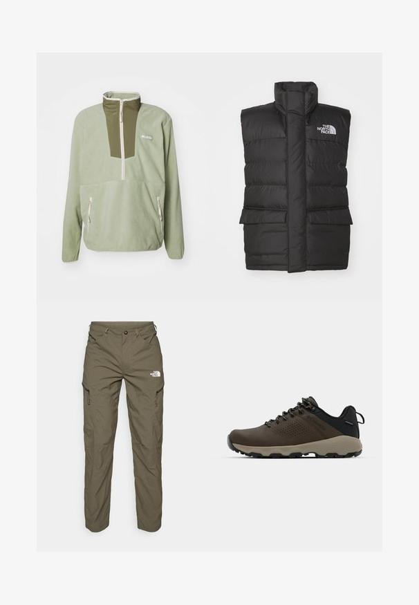 Μαύρο γιλέκο με επένδυση και ψηλό γιακά, διαθέτει μπροστινό φερμουάρ, δύο μπροστινές τσέπες και λογότυπο στο στήθος. Λείο υλικό, κομψός σχεδιασμός.; Φλις πουλόβερ σε ανοιχτό πράσινο με κλείσιμο τύπου φερμουάρ στον λαιμό και ελιά καστανό τμήμα στο στήθος. Διαθέτει δύο πλευρικές τσέπες με φερμουάρ και λευκές ραφές.; Ελαιοπράσινα παντελόνια εξωτερικού χώρου κατασκευασμένα από ελαφρύ ύφασμα, με τσέπες cargo, λεπτομέρειες με φερμουάρ και λογότυπο στον επάνω μηρό.; Καφέ αδιάβροχα αθλητικά παπούτσια με υφασμάτινη επάνω επιφάνεια, διατρήσεις, μαύρη στήριξη στη φτέρνα και γκρι ελαστική σόλα. Οι κορδόνες είναι διακοσμημένες με μεταλλικές άκρες.
