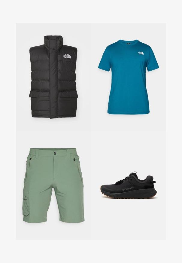 Chaleco acolchado negro con cuello alto, presenta un cierre frontal, dos bolsillos delanteros y un logo en el pecho. Textura suave, diseño elegante.; Camiseta de manga corta en color verde azulado, hecha de algodón suave, con un logo blanco impreso en el lado izquierdo del pecho y un diseño clásico de cuello redondo.; Pantalones cortos cargo verdes hechos de una tela ligera, con cierre de botón, cintura elástica, bolsillos laterales y un bolsillo cargo en la pierna.; Zapatilla deportiva Columbia negra con una superficie texturizada, collar acolchado y suela de goma con un patrón distintivo para mayor tracción.