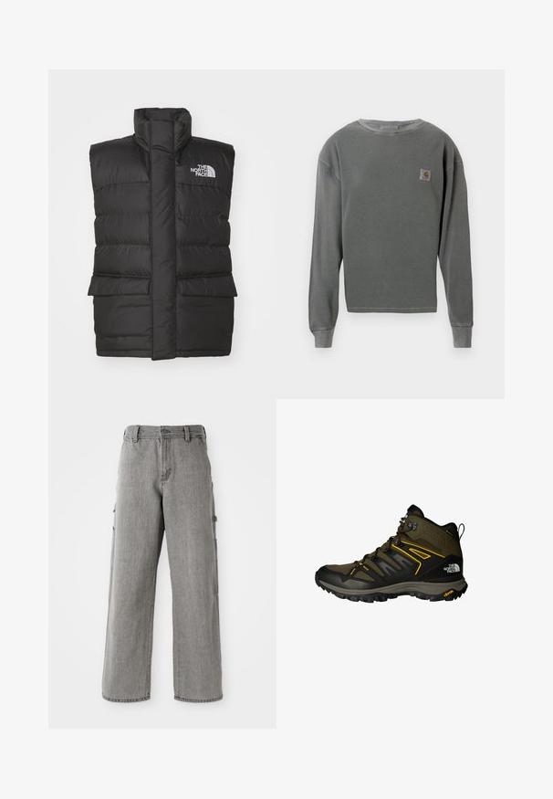 Svart polstret vest med høy krage, med frontglidelås, to frontlommer og logo på brystet. Glatt tekstur, stilrent design.; Grå langermet genser med rund hals og ribbestruktur, med et lite firkantet logo-patch på venstre bryst og ribbestrikkede mansjetter.; Grå cargo bukser med løs passform, utstyrt med sidelommer og glidelås. Laget av denim, har de en myk tekstur og rene sømmer.; Mid-cut fjellsko i oliven grønn med svarte detaljer, med et mesh-overdel, Vibram såle og markant snøresystem. Gule designdetaljer.