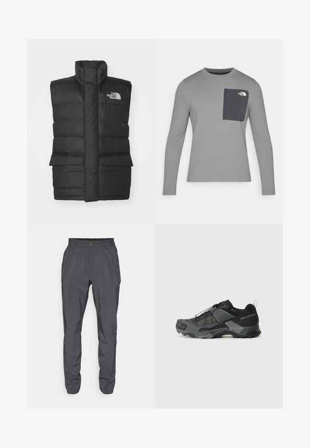 Colete acolchoado preto com colarinho alto, com fecho à frente, duas bolsas frontais e um logotipo no peito. Textura suave, design elegante.; Camisa de manga longa cinza com tecido texturizado, apresentando um bolso no peito cinza escuro e um fecho em zíper. Logótipo no bolso em branco.; Columbia PFG UNCHARTED PANT - Calças para exterior - shark; Sapato de trail running preto com parte superior de malha durável, biqueira reforçada, sola de borracha texturizada e sistema de amarração elástico para um ajuste seguro.