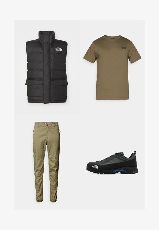 Must musternik kõrge kraega, ees lukuga, kahe esipocketiga ja rinnal logoga. Sile tekstuur, nutikas disain.; Oliivroheline lühikeste varrukatega T-särk, mis on valmistatud pehmest kangast, tõmmatud musta logo vasakul rinnal ja klassikalise ümarapäraga kaelusega.; Oliivrohelised püksid kergest kangast, esipocketitega, külgedel tõmblukuga detail ja elastsete mansettidega.; The North Face VERTO ALPINE GORE TEX - Matkajalatsid - asphalt grey/tnf black