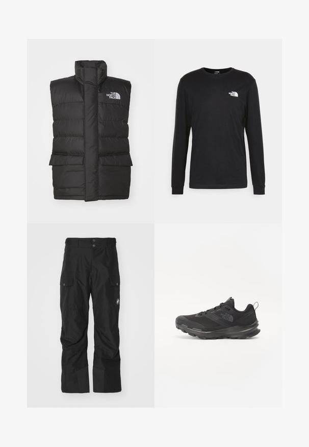 Svart vadderad väst med hög krage, med en framzip, två framfickor och en logotyp på bröstet. Slät textur, elegant design.; Svart långärmad t-shirt i bomull med en vit logotyp på vänster bröst och ribbade ärmslut. Slät textur med rundad halsringning.; Svarta cargo-byxor gjorda av vattentåligt material, med två sidofickor, förstärkt underben och knäppning i midjan.; Svart idrottssko med mesh-överdel, gummiyttersula och vadderad krage. Utrustad med snören, logotyp på sidan och en strukturerad design.