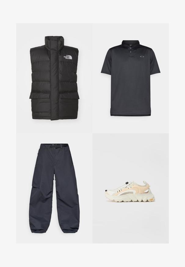 Juodas paminkštintas liemenė su aukštu apykakle, su priekyje esančia užtrauktuku, dviem priekinėmis kišenėmis ir logotipu ant krūtinės. Lygi tekstūra, modernus dizainas.; Juodas polo marškinėliai, pagaminti iš lygaus audinio, su apykakle, trimis mygtukais, trumpomis rankovėmis ir mažu pilku logotipu kairėje krūtinės pusėje.; Tamsiai pilki krovinių šortai, pagaminti iš minkštos, patvarios medžiagos. Juose yra platus, laisvas kirpimas, daugybė kišenių ir reguliuojama juosmens juosta.; Lengvi sportiniai batai su tinkleliu viršuje, šviesiai rudi ir balti, su tekstūruota padanga, elastiniu raištelių sistemu ir išryškintu kulno pamatu.