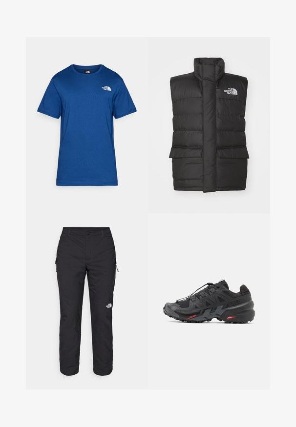 Juodas paminkštintas liemenė su aukštu apykakle, su priekyje esančia užtrauktuku, dviem priekinėmis kišenėmis ir logotipu ant krūtinės. Lygi tekstūra, modernus dizainas.; Mėlyna trumpomis rankovėmis marškinėliai, pagaminti iš minkštos medžiagos, su apvalia iškirpte ir mažuoju baltu logotipu ant krūtinės. Paprastas dizainas be raštų.; The North Face WINTER EXPLORATION TAPERED CARGO - Lauko kelnės - black; Juodas bėgimo batelis su sintetiniu viršumi, tekstūruotu dizainu ir kontrastingais raudonais akcentais. Turintis saugų raištelių sistemą ir tvirtą pado konstrukciją.