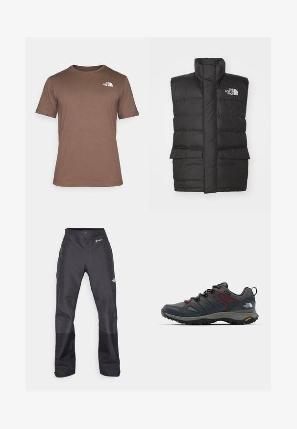 Svart vadderad väst med hög krage, med en framzip, två framfickor och en logotyp på bröstet. Slät textur, elegant design.; The North Face M SS BOX NSE TEE - T-shirt med print - smokey brown/black; Svarta vattentäta byxor med en slät yta, med en GORE-TEX-logotyp på framsidan och förstärkta nedre ben för ökad hållbarhet.; Grå vandringsko med röda accenter, överdel av nät och syntetmaterial, snörningssystem och Vibram-sula för bra grepp. Har Gore-Tex för vattentålighet.