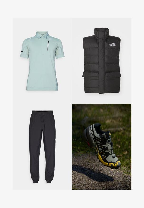 Svart polstret vest med høy krage, med frontglidelås, to frontlommer og logo på brystet. Glatt tekstur, stilrent design.; Lys grønn polo-skjorte med glidelåslomme, mønstrete krage, korte ermer og logo på skulderen, laget av pustende stoff.; Sorte idrettsbukser laget av lett stoff, med snor i livet, sidelommer og smale mansjetter ved anklene.; Salomon terrengløpesko i dempet grå med klare gule aksenter. Har en teksturert såle, sikkert snøresystem og polstret krage.