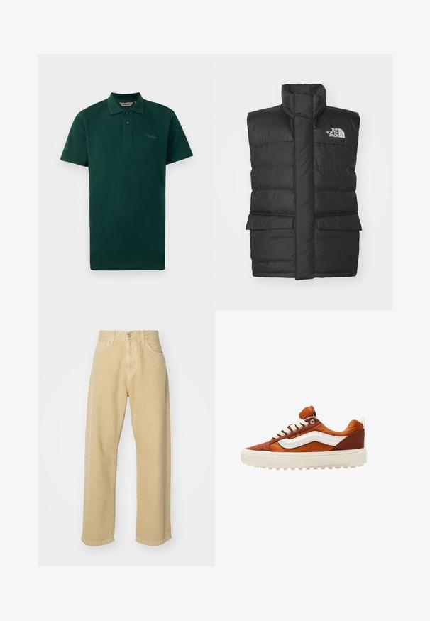 Černá prošívaná vesta s vysokým límcem, má přední zip, dvě přední kapsy a logo na hrudi. Hladká textura, elegantní design.; Tmavě zelená polo tričko, krátké rukávy, dvoubarevný zapínací límec, žebrovaný límec a nenápadné logo na hrudi. Vyrobeno z texturované bavlněné tkaniny.; Beige džíny s rovnými nohavicemi, které mají pět kapes, zapínání na knoflíky a čistý lem. Měkká textura.; Hnědé a bílé tenisky s plátěným a koženým svrškem, kulatou špičkou, plochými tkaničkami a texturovanou gumovou podrážkou. Obsahují podpisový boční pruh.