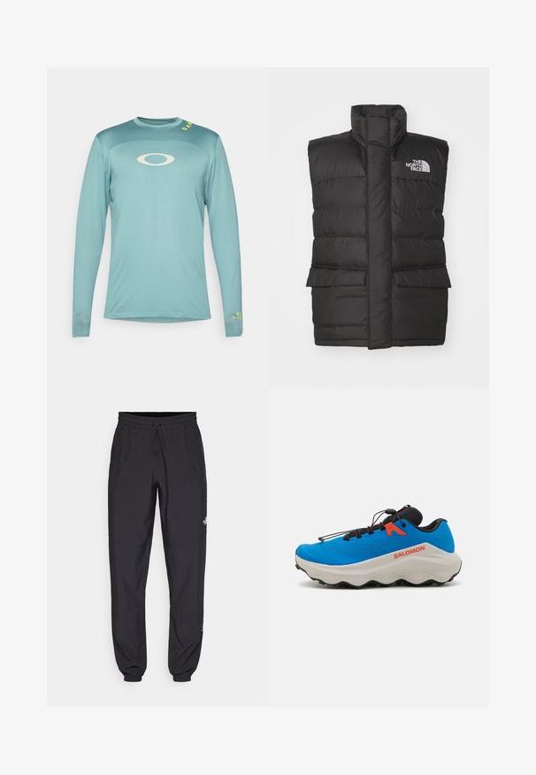 Juodas paminkštintas liemenė su aukštu apykakle, su priekyje esančia užtrauktuku, dviem priekinėmis kišenėmis ir logotipu ant krūtinės. Lygi tekstūra, modernus dizainas.; Šviesiai mėlynas ilgomis rankovėmis sportinis marškinėlis su tekstūruotu raštu. Ant krūtinės yra baltas logotipas, o ant rankovės - geltonas užrašas.; Juodos sportinės kelnės, pagamintos iš lengvos medžiagos, su raišteliu liemens srityje, šoniniais kišenėmis ir siaurėjantys apykaklės prie kulkšnies.; Mėlyna sportinė batai su tekstūruotu viršumi, juodais akcentais, paminkštintu baltu padu ir reguliuojamu raištelių sistemu tvirtam prisitaikymui.