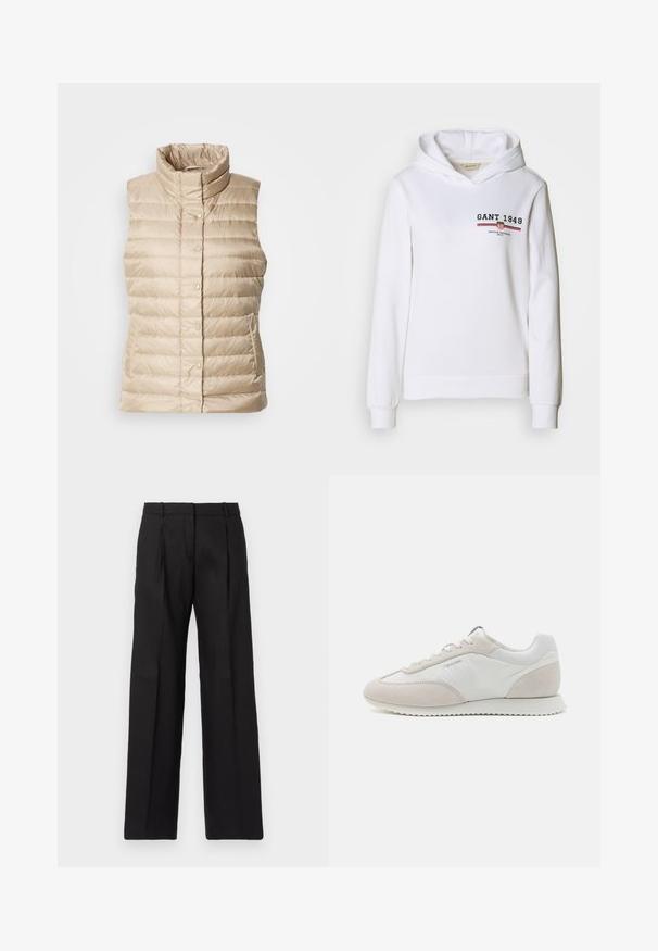 Bežna pufasta brezrokavnika z visokim ovratnikom, horizontalnimi šivi, gumbom na klik in dvema stranskima žepoma; gladka, lahka in prešita tekstura.; Bela kapuca izdelana iz mehkega blaga, ki vključuje sprednji logotip "GANT 1949" ter rdeče/modre črtaste akcentne detajle. Ima dolge rokave in kapuco s šnuro.; Črne krojene hlače s pravim krojem, ki imajo ostre plisirane detajle in gladko teksturo. Narejene so iz lahkega materiala.; Svetle teniske, ki združujejo belo usnje in bež semiš, z teksturiranim podplatom in minimalnim blagovnim znakom na strani.
