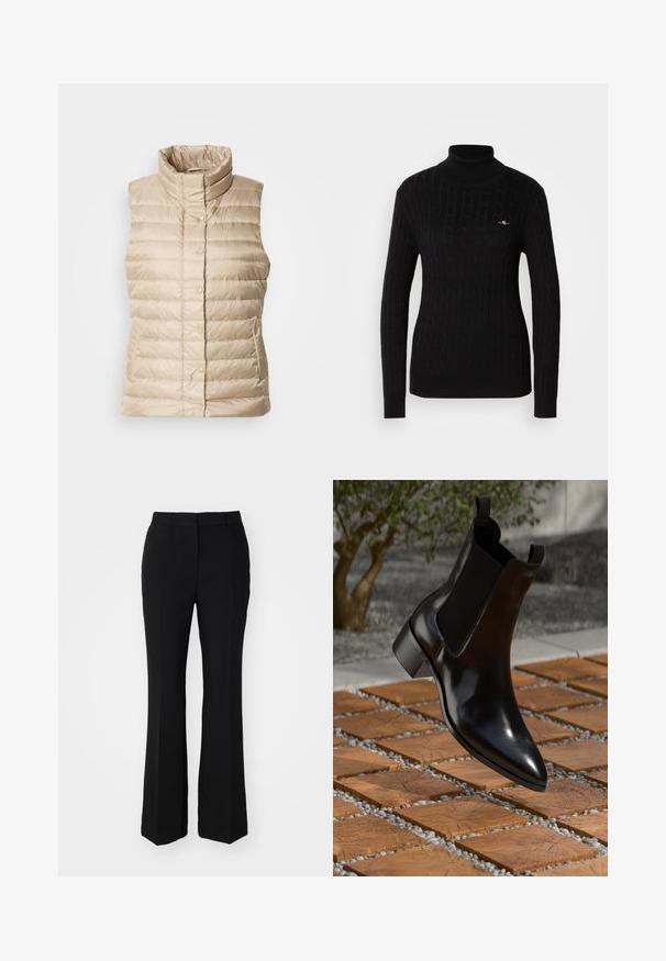 Béžová zateplená vesta s vysokým golierom, horizontálnym prešívaním, tlačnými gombíkmi a dvoma bočnými vreckami; hladká, ľahká a prešívaná textúra.; Čierny rolák s textúrovaným vzorom z pletenej bavlny. S dlhými rukávmi a priliehavým strihom. Malé logo na hrudi.; Čierne skrátené nohavice s rozšíreným strihom. Vyrobené z hladkej látky s prednými skladmi a plochým pásom. Žiadne viditeľné vrecká.; Čierne kožené Chelsea čižmy s špicatou špičkou, elastickými bočnými panelmi a masívnym podpätkom, odpočívajúce nad povrchom s kamenitým a dreveným vzorom.