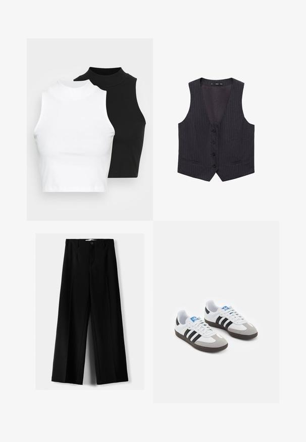 Tmavosivý prúžkovaný vestový kabát s V-výstrihom, šiestimi prednými gombíkmi a dvoma bočnými vreckami. Vyrobený z hladkej látky s priliehavým strihom.; Dve bezrukávové rebrované roláky v čiernej a bielej farbe, pričom majú priliehavý strih a hladkú textúru, s krátkou dĺžkou.; Čierne široké nohavice z ľahkého materiálu, s predným zapínaním na gombík a plochým predným dielom, s pekne ušitými lemami.; Športové topánky s bielym koženým zvrškom, šedou semišovou špičkou a tromi čiernymi pruhmi. Obsahujú modré logo na jazyku a štruktúrovanú gumovú podrážku.