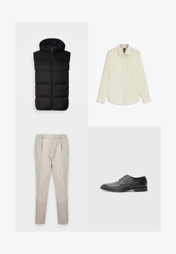 Black puffer vest with a hood, featuring a zip front, stitched panels, and logo on the chest. Made from a smooth, insulated material.; BOSS JOE KENT - Formal shirt - open white eleven; Light gray tailored trousers with a textured fabric, featuring a flat front, two front pleats, and slim tapered legs, ending just above the ankles.; Black leather men's dress shoe with laces, low heel, and smooth, slightly textured finish on plain white background.