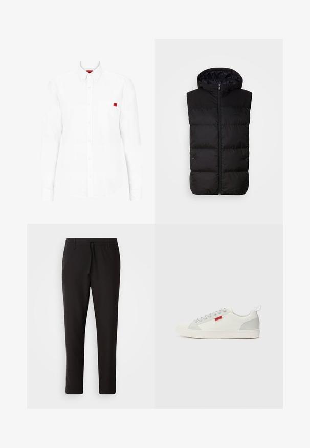 Gilet matelassé noir avec capuche, doté d'une fermeture éclair à l'avant, de panneaux cousus et d'un logo sur la poitrine. Fabriqué dans un matériau lisse et isolant.; Chemise blanche à manches longues en coton, avec un col boutonné, une poche poitrine et un petit badge logo rouge sur la poitrine.; Pantalons de jogging noirs en tissu lisse. Dotés d'une taille élastique avec cordon de serrage, jambes fuselées, et sans poches visibles. Design simple.; Baskets blanches et gris clair avec une finition lisse, bout arrondi, design à lacets, semelle en caoutchouc et logo de marque rouge sur le côté.