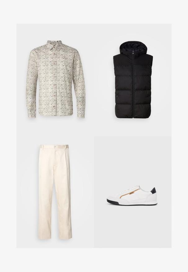 Melna pufaina veste ar kapuci, ar rāvējslēdzēja priekšpusi, šuvēm un logo uz krūtīm. Izgatavota no gludas, izolējošas materiāla.; Gaišas bēšas krāsas krekls ar sarežģītiem ģeometriskiem rakstiem. Aprīkots ar apkakli, pogu plāksni un divām pogu aprocēm.; Bežā krāsā auduma bikses ar taisnu kāju griezumu, pievienotām pogu aizdares un priekšējiem krokām papildu detaļām.; Baltijas krāsā baltas sporta kurpes ar acu un ādas akcentiem. Iezīmējas ar zelta "BOSS" logo, teksturētām sānu paneļiem un melnu papēža kapu. Gumijas zole.