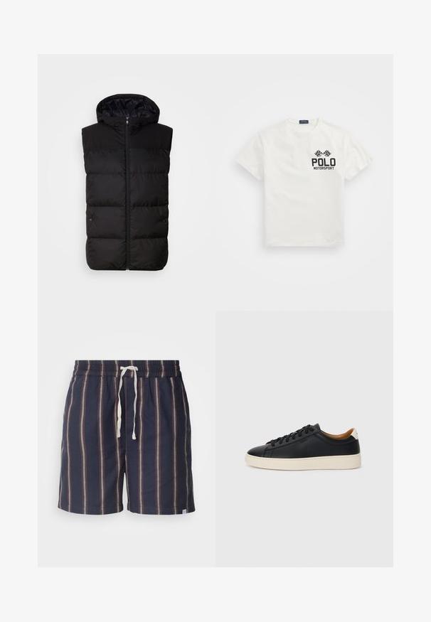 Crni pufasti prsluk s kapuljačom, s patentnim zatvaračem na prednjoj strani, šivenim panelima i logotipom na prsima. Izrađen od glatkog, izoliranog materijala.; Bijela pamučna majica s okruglim izrezom, sa crnim logom "Polo Motorsport" i unakrsnim kockastim zastavicama na lijevoj strani prsnog dijela.; Les Deux LAWSON STRIPE - Kratke hlače - dark navy/light camel; Crne kožne tenisice s glatkom teksturom, bež gumeni đon, dizajn s vezicama i kontrastni detalj na peti.