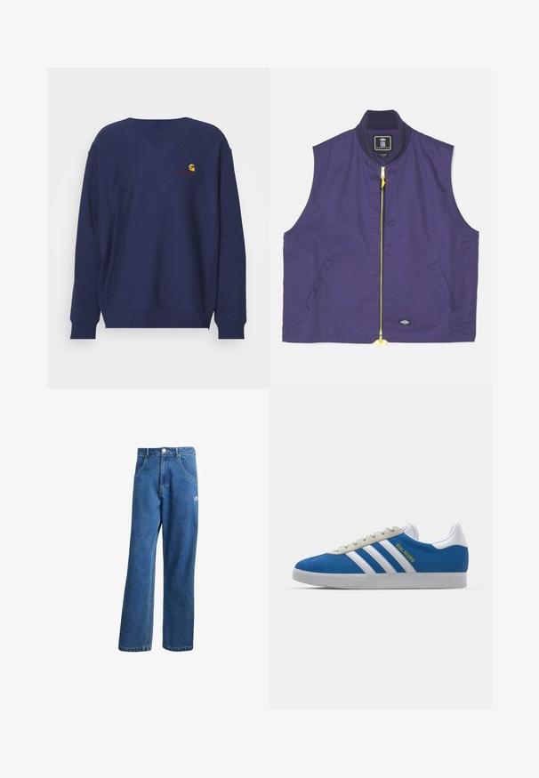 Navy blue sleeveless vest made of fabric with a smooth texture. Features a yellow zipper, ribbed collar, and side pockets.; Carhartt WIP AMERICAN SCRIPT - Sweatshirt - air force blue; Blue high-waist wide-leg denim jeans with front pockets, belt loops, button closure, and small Adidas logo on the right thigh.; adidas Originals ADIDAS GAZELLE SHOES - Indoor football boots - real madrid/bluebird/footwear white/crew yellow