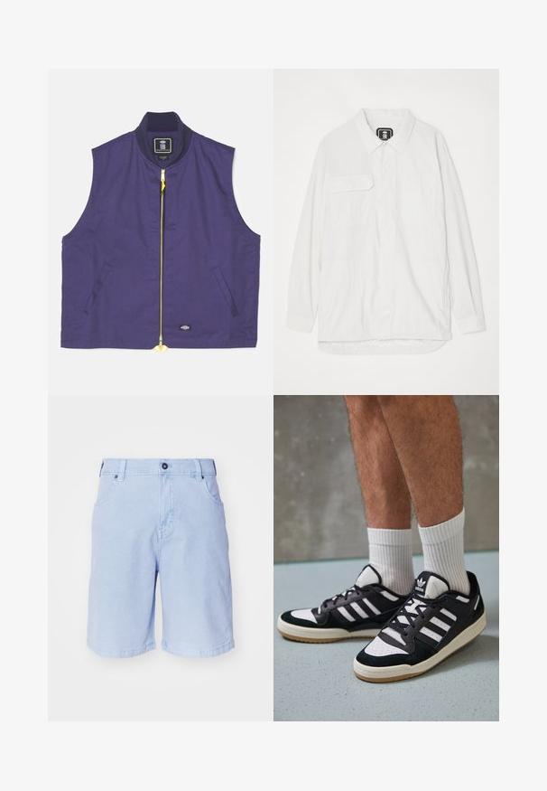 Tamsiai mėlynas be rankovių liemenė, pagaminta iš lygios tekstūros audinio. Yra geltona užtrauktuko juostelė, gili apykaklė ir šoninės kišenės.; Balta mygtukų marškiniai, pagaminti iš tekstūruotos medžiagos, su apykakle, dviem priekinėmis kišenėmis ir lenktu apačiu, kurioje nugara yra šiek tiek ilgesnė.; Šviesiai mėlyni šortai pagaminti iš medvilnės. Turi mygtuko užsegimą, dvi priekinės kišenes ir tiesų kirpimą su suvirintais kraštais.; Juodos ir baltos sportinės bateliai su zomšiniu ir odiniu viršumi, su trimis baltomis juostelėmis, perforuota koja ir guminėmis padais.