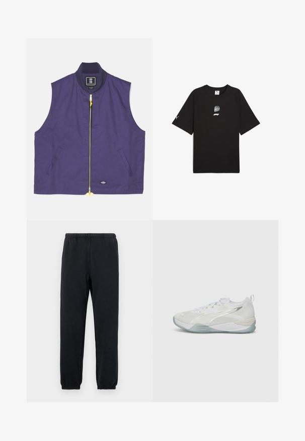 Navy blauwe mouwloze vest gemaakt van stof met een gladde textuur. Beschikt over een gele rits, geribbelde kraag en zijzakken.; Zwarte T-shirt met korte mouwen, gemaakt van katoen, met een grafische print van een racemuts en logo aan de voorkant en een klein logo op de mouw.; Zwarte sweats met een elastische tailleband en taps toelopende enkels; gemaakt van zachte, rekbare stof, met een minimalistisch ontwerp zonder patronen.; Witte sportieve schoen met bovenwerk van mesh, textuur overlays en doorzichtige zool. Heeft een vetersluiting en een trekband aan de achterkant voor gemakkelijk aan- en uittrekken.