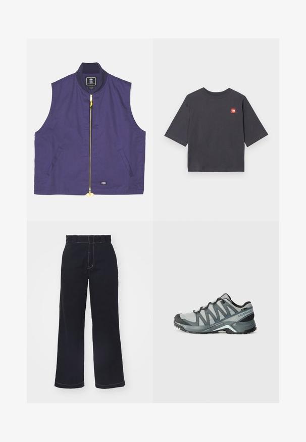 Vest fără mâneci, de culoare albastru navy, realizat dintr-un material cu textură netedă. Dispune de un fermoar galben, guler cu nervuri și buzunare laterale.; Tricou cu mânecă scurtă, de culoare gri închis, fabricat din bumbac. Are un patch pătrat roșu cu logo pe zona stângă a pieptului. Se potrivește standard, cu guler rotund.; Pantaloni largi de culoare albastru închis, din bumbac, cu talie înaltă, având cusături albe contrastante și un design simplu, curat.; Încălțăminte ușoară pentru drumeții, din plasă gri cu accente închise. Include o talpă texturată și un toc căptușit pentru confort și aderență.