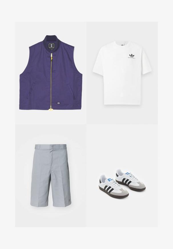 Vest fără mâneci, de culoare albastru navy, realizat dintr-un material cu textură netedă. Dispune de un fermoar galben, guler cu nervuri și buzunare laterale.; Tricou alb din bumbac cu mânecă scurtă, având un logo negru "BASKETBALL" și un design iconic cu trei dungi pe față.; Pantaloni scurți gri deschis, dintr-un material rezistent, cu croi drept, talie cu bucle pentru curea și detalii subtile de pliu.; Încălțăminte sport cu un superior din piele albă, vârf din suede gri și trei dungi negre. Prezintă un logo albastru pe limbă și o talpă din cauciuc texturat.