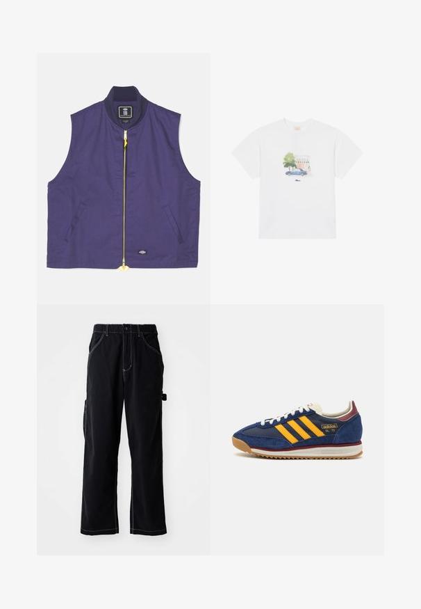 Navy blue sleeveless vest made of fabric with a smooth texture. Features a yellow zipper, ribbed collar, and side pockets.; White cotton t-shirt featuring a printed design of a blue car and a tree in soft colors, centered on the front above the brand name.; Black cargo pants with a relaxed fit, featuring a drawstring waist, side pockets, and contrasting white stitching details.; Navy suede sneaker with yellow stripes, white laces, and burgundy accents. Textured sole with grooves for traction. Brand logo on side.