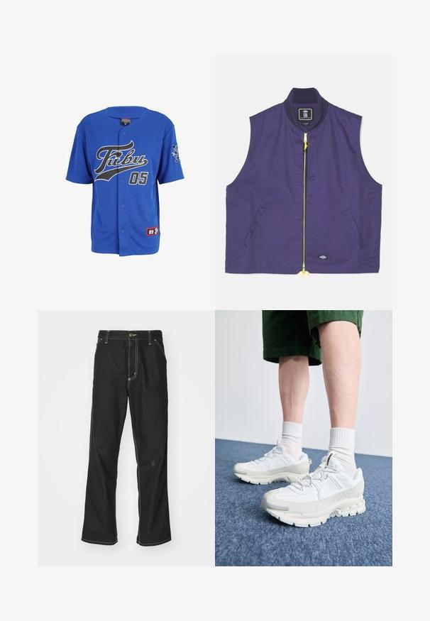 Námořnická modrá bezrukávová vesta vyrobená z látky s hladkou texturou. Obsahuje žlutý zip, žebrovaný límec a boční kapsy.; Modrý krátký rukáv dres s černým skriptovým logem "FUBU", číslem "05" a nášivkou s logem na levém rukávu.; Černé denimové džíny s volným střihem, s kontrastním bílým prošíváním, zapínáním na knoflík a rovnými nohavicemi.; Bílé sportovní boty s texturovanými překryvy, masivní podrážkou a šedými akcenty. Na nohou mají bílé ponožky a zelené šortky na modrém povrchu.