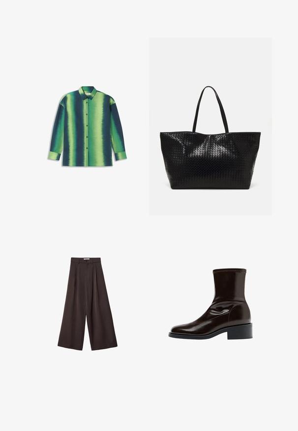 Turkusowa polarowa kamizelka z okrągłym dekoltem, z zatrzaskami, dwiema przednimi kieszeniami i dekoracyjną naszywką po lewej stronie. Teksturowany, miękki materiał.; Koszula z długim rękawem, z guzikami, charakteryzująca się gradientowym wzorem w odcieniach ciemnej zieleni i jaskrawej zieleni, o gładkiej fakturze i spiczastym kołnierzyku.; Czarne spodnie z szerokimi nogawkami i wysokim stanem, z plisami z przodu oraz zapięciem na guzik w talii, wykonane z gładkiego materiału.; Brązowa skórzana botka za kostkę o gładkim wykończeniu, kwadratowym nosku, teksturowanym przeszyciem i niskim blokowym obcasie. Posiada elegancki, minimalistyczny design.; Czarna pleciona torba na ramię z dwoma mocnymi uchwytami, charakteryzująca się błyszczącą powierzchnią i przestronnym otwartym topem.