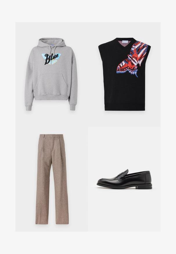 Schwarzes ärmelloses Stricktop mit einem bunten Schmetterling-Grafik in Rot, Blau und Weiß auf der linken Seite; V-Ausschnitt-Design und gerippter Saum.; Grauer Kapuzenpullover mit einer vorderen Kängurutasche, Kordelzugkapuze und einem Schmetterlingsgrafik mit dem Wort "Blau" in Schwarz.; Navyblaue Baumwoll-T-Shirt, kurze Ärmel, Rundhalsausschnitt, mit einem strukturierten Logo-Design auf der Brust in einem helleren Farbton.; Braune, hochtaillierte Hose aus strukturiertem Stoff. Mit weitem Bein und zwei vorderen Bügelfalten für zusätzliche Form. Saubere Verarbeitung ohne sichtbare Hardware.; Schwarze Lederloafers mit glatter Textur, rundem Zehenbereich und einem dekorativen Riemen über dem Vorderfuß. Niedriger, gestapelter Absatz, minimalistisches Design.