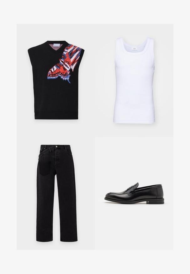 Melna bez piedurknēm adīta kreklā ar krāsainu tauriņa grafiku sarkanā, zilā un baltā krāsā kreisajā pusē; V-veida dekoltē un ribota apakšmalā.; Balta kokvilnas bez piedurknēm tank top krekliņš ar apaļu kakla izgriezumu, ar gludu tekstūru un pieguļošu formu, paredzēts ikdienas valkāšanai.; Melni džinsy ar taisnām kājām, kuriem ir priekšējā pogu aizdare, piecu kabatu stils un viena aizmugures kabata labajā pusē.; Melnas ādas kurpes ar gludu tekstūru, noapaļu purngalu un dekoratīvu siksniņu pāri priekšpusei. Zems sakrauts papēdis, minimālisma dizains.