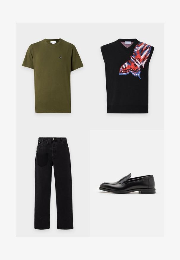 Czarny bezrękawnik z dzianiny z kolorową grafiką motyla w odcieniach czerwieni, niebieskiego i białego po lewej stronie; dekolt w kształcie litery V i prążkowany dół.; Oliwkowy bawełniany t-shirt z okrągłym dekoltem i krótkimi rękawami. Posiada mały czarny emblemat na lewej piersi. Gładka tekstura.; Czarne dżinsy o prostym kroju nogawki, z zapięciem na guzik z przodu, pięcioma kieszeniami oraz jedną kieszenią z tyłu po prawej stronie.; Czarne skórzane mokasyny o gładkiej fakturze, zaokrąglonym nosku i dekoracyjnym pasku na przodzie. Niski, warstwowy obcas, minimalistyczny design.