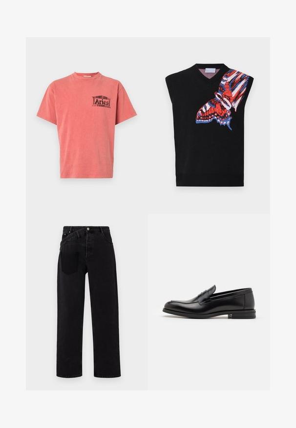 Čierny bezrukávový pletený top s farebnou grafikou motýľa v červenej, modrej a bielej farbe na ľavej strane; dizajn s výstrihom do V a rebrovaný lem.; Tričko s krátkym rukávom v koralovej farbe, s okrúhlym výstrihom a čiernou grafickou potlačou s nápisom "Aries" na ľavej strane hrude. Jemná bavlnená tkanina, voľný strih.; Čierne denimové džínsy s rovnými nohavicami, s predným zapínaním na gombík, štýlom s piatimi vreckami a jedným zadným vreckom na pravej strane.; Čierne kožené mokasíny s hladkou textúrou, zaoblenou špičkou a dekoračným pásikom cez priehlavok. Nízky vrstvený opätok, minimalistický dizajn.