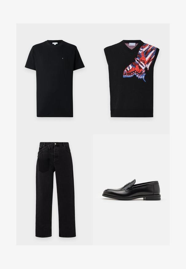 Melna bez piedurknēm adīta kreklā ar krāsainu tauriņa grafiku sarkanā, zilā un baltā krāsā kreisajā pusē; V-veida dekoltē un ribota apakšmalā.; Melnā īsām piedurknēm T-kreklā, kas izgatavots no kokvilnas, ir apaļa kakla izgriezuma un neliels apļa logo uz krūtīm. Gluda tekstūra.; Melni džinsy ar taisnām kājām, kuriem ir priekšējā pogu aizdare, piecu kabatu stils un viena aizmugures kabata labajā pusē.; Melnas ādas kurpes ar gludu tekstūru, noapaļu purngalu un dekoratīvu siksniņu pāri priekšpusei. Zems sakrauts papēdis, minimālisma dizains.