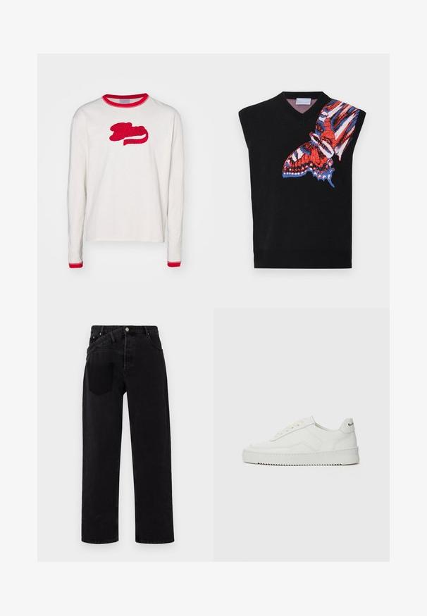 Top tricotat fără mâneci, de culoare neagră, cu un grafic colorat de fluture în roșu, albastru și alb pe partea stângă; design cu guler în V și tiv reiat.; Tricou din bumbac crem, cu mâneci lungi, cu decolteu și manșete ribbed roșii. Prezentând logo-ul bordat "Blue Marble" în roșu.; Jeans negri din denim cu un design drept, dotate cu un închidere cu nasture în față, stil cu cinci buzunare și un singur buzunar din spate pe partea dreaptă.; Sneakers din piele albă cu un finisaj neted, vârf rotund, șireturi plate și o talpă texturată. Prezintă un logo subtil pe călcâi.