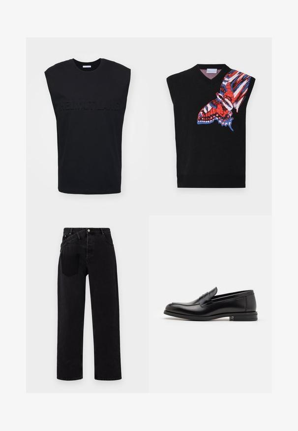 Μαύρο μανίκι χωρίς μπλουζάκι από πλεκτό με μια πολύχρωμη γραφική πεταλούδα σε κόκκινο, μπλε και λευκό στην αριστερή πλευρά; Σχέδιο σε V και ριμπ τελείωμα.; Helmut Lang EMBOSSED TANK ROUNDE - Μπλούζα - black; Μαύρα τζιν παντελόνια με σχέδιο ίσιας γραμμής, διαθέτοντας κλείσιμο με κουμπί μπροστά, στυλ πέντε τσεπών και μία πίσω τσέπη στη δεξιά πλευρά.; Μαύρες δερμάτινες μπαλαρίνες με λεία υφή, στρογγυλή μύτη και διακοσμητική ταινία πάνω από το επάνω μέρος. Χαμηλός καπιτώνας, μινιμαλιστικός σχεδιασμός.
