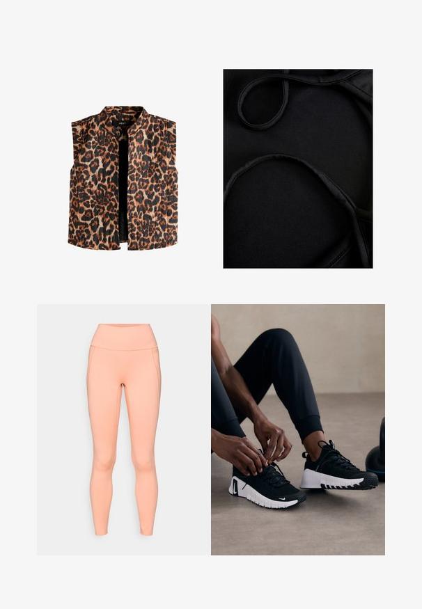 Ženska brezrokavnik z leopardjim vzorcem in mandarinskim ovratnikom, ki vključuje odtenke rjave in črne na svetlem ozadju ter ravno obrobo.; Črn material za kopalke z gladko teksturo, ukrivljenimi naramnicami in ravnimi šivi, zasnovan za udobje in prilagodljivost med uporabo.; Breskvaste hlače iz elastičnega materiala, z visokim pasom, gladko teksturo in brezšivno zasnovo brez vidnih žepov.; Črne športne čevlje z strukturiranim črnim zgornjim delom, belim podplatom in gumijastim profilom. vezalke so zavezane, kar kaže na eleganten dizajn in logotip.
