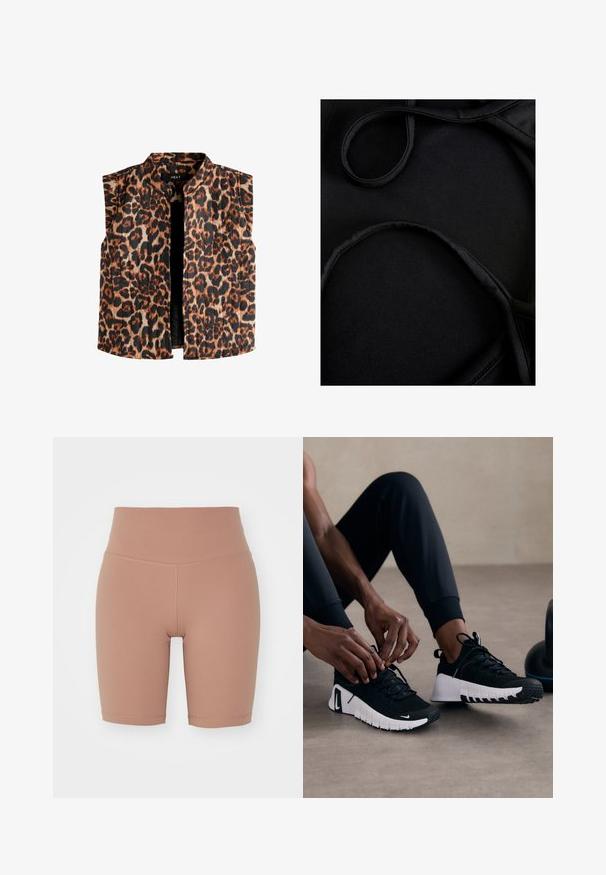 Mouwloze vest met panterprint en een mandarin kraag, in verschillende tinten bruin en zwart op een lichte achtergrond en met een rechte zoom.; Zwart zwemkledingstof met een gladde textuur, gebogen banden en platte naden, ontworpen voor comfort en flexibiliteit tijdens gebruik.; Hoge taille fietsbroek in een beige kleur, gemaakt van rekbaar materiaal, met een gladde textuur en schone naden voor comfort en pasvorm.; Zwarte sportieve schoenen met een geëtste zwarte bovenkant, witte zool en rubberen loopvlak. De veters zijn gestrikt, wat een slank ontwerp en logo laat zien.