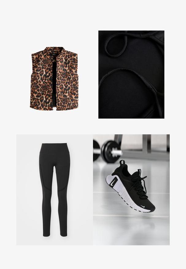 Ärmellose Weste im Leopardenmuster mit Stehkragen, in Brauntönen und Schwarz auf einem hellen Hintergrund und mit geradem Saum.; Schwarzer Badebekleidungsstoff mit glatter Textur, geschwungenen Trägern und flachen Nähten, entworfen für Komfort und Flexibilität während des Gebrauchs.; Schwarze Leggings mit hoher Taille, glattem Stoff und kontrastierenden Seitenpanelelementen. Enganliegendes Design bis zur Knöchellänge.; Schwarzer Sportschuh mit strukturiertem Stoffobermaterial, weißer Sohle und auffälligem Schnürsystem. Verfügt über ein Nike-Logo und ein weiches, gepolstertes Design.