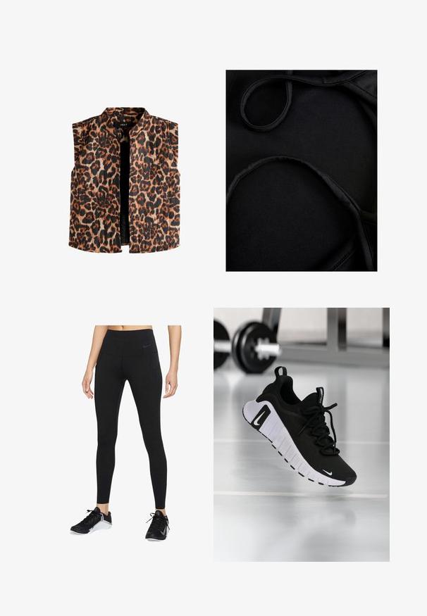 Vesta fără mâneci cu imprimeu de leopard, cu un guler mandarin, având nuanțe de maro și negru pe un fundal deschis și o margine dreaptă.; Țesătura de înot neagră are o textură netedă, bretele curbate și cusături plate, concepută pentru confort și flexibilitate în timpul utilizării.; Leggings negre pentru sport, cu talie înaltă, fabricate dintr-un material elastic. Prezentă buzunare laterale și un logo Nike subtil pe talie.; Pantof sport negru cu o parte superioară din material texturat, talpă albă și sistem de șireturi proeminent. Prezintă un logo Nike și un design moale, amortizat.