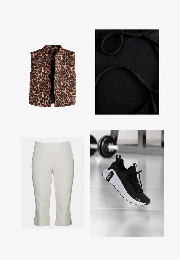 Chaleco sin mangas con estampado de leopardo y cuello mandarín, con tonos de marrón y negro sobre un fondo claro y un dobladillo recto.; Tejido de traje de baño negro con textura suave, tirantes curvados y costuras planas, diseñado para ofrecer comodidad y flexibilidad durante su uso.; Pantalones cortos blancos confeccionados en una tela suave, con una cinturilla plana, costuras frontales y aberturas laterales en el dobladillo para un detalle adicional.; Zapatilla deportiva negra con parte superior de tela texturizada, suela blanca y sistema de cordones prominente. Presenta un logo de Nike y un diseño suave y acolchado.