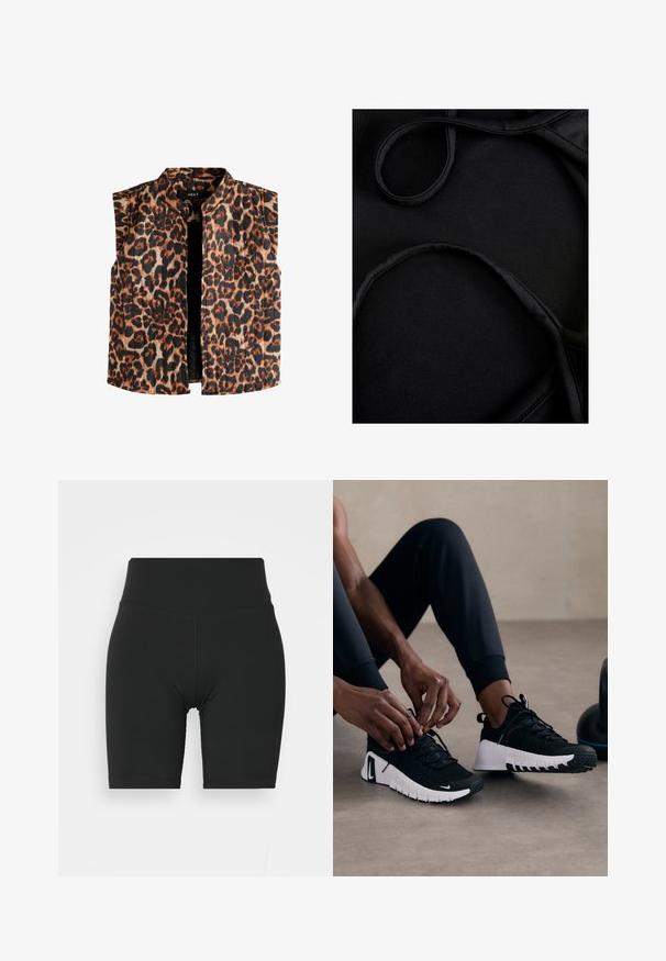 Bezrukávový top s potiskem leopardí srsti a mandarin límečkem, s odstíny hnědé a černé na světlém pozadí a rovním lemem.; Černá plavková tkanina s hladkou texturou, zakřivenými popruhy a plochými švy, navržená pro pohodlí a flexibilitu při nošení.; Černé vysoké cyklistické šortky vyrobené z elastického materiálu, s hladkým povrchem a čistými švy, navržené pro pohodlí a flexibilitu.; Černé sportovní boty s texturovaným černým svrškem, bílou podrážkou a gumovým vzorem. Šněrování je zavázané, což ukazuje na elegantní design a logo.