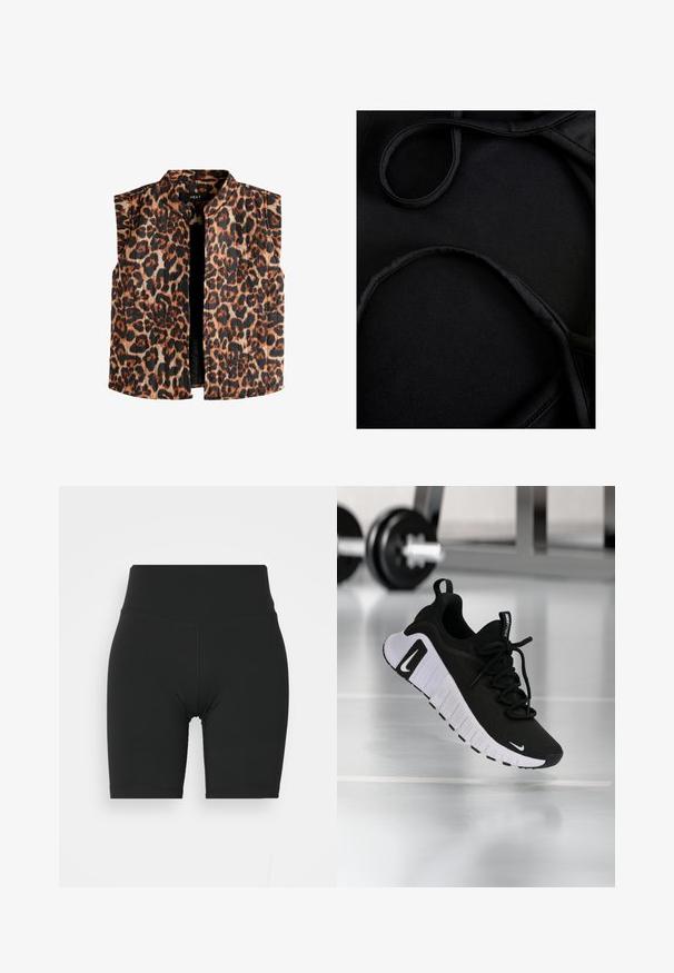 Mouwloze vest met panterprint en een mandarin kraag, in verschillende tinten bruin en zwart op een lichte achtergrond en met een rechte zoom.; Zwart zwemkledingstof met een gladde textuur, gebogen banden en platte naden, ontworpen voor comfort en flexibiliteit tijdens gebruik.; Zwarte hoge taille fietsbroek van rekbaar materiaal, met een gladde textuur en nette naden, ontworpen voor comfort en flexibiliteit.; Nike Performance FREE METCON 6 - Trainingsschoen - black/white