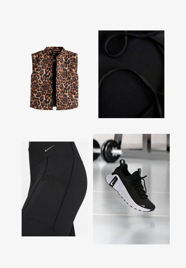 Kuvio leopardin täplillä varustettu ilmanhiha vest, jossa on mandariinikaulus. Värityksessä on ruskean ja mustan sävyjä vaalealla taustalla ja suoralla helmalla.; Mustaka uimaasu, jossa on sileä pinta, kaarevat hihnat ja litteät saumat, suunniteltu mukavuutta ja joustavuutta varten käytön aikana.; Musta korkeavyötäröinen leggings kangasta, joka venyy hyvin, ja jossa on vetoketjullinen tasku sekä kontrastiväriset saumat. Hopeinen Nike-logo vyötäröllä.; Musta urheilukenkä teksturoitua kangaspintaa, valkoista pohjaa ja näkyvää nauhoitusjärjestelmää. Sisältää Nike-logon sekä pehmeän, pehmustetun rakenteen.