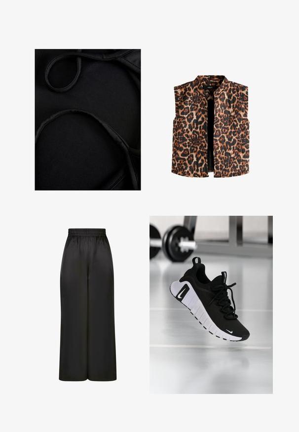 Leopárdmintás ujjatlan mellény mandarin gallérral, barna és fekete árnyalatokkal világos háttéren, egyenes aljjal.; Fekete úszásruha anyag, sima textúrával, ívelt pántokkal és lapos varrásokkal, a kényelem és a rugalmasság érdekében a használat során.; Fekete, bő szárú nadrág, sima, fényes anyagból, rugalmas derékrésszel, látható zsebek vagy fém részletek nélkül.; Fekete atlétikai cipő texturált szövet felsőrésszel, fehér talppal és hangsúlyos fűzőrendszerrel. Nike logóval és puha, párnázott kialakítással.