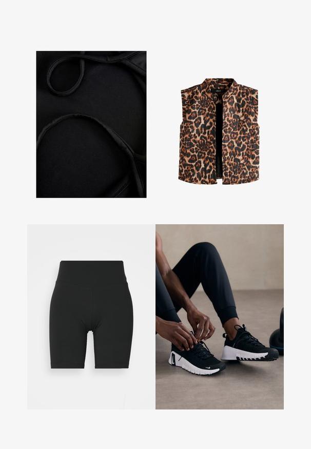 Leopardimustriga varrukateta vest mandariini kraega, millel on pruunid ja mustad tooni heledal taustal ning sirge allserv.; Mustad ujumisriie mustas värvuses, millel on sile tekstuur, kumerad rihmad ja lamedad õmblused, mis on loodud mugavuse ja paindlikkuse tagamiseks kasutamisel.; Mustad, kõrge vöökohaga jalgrattashortsid, valmistatud venivast kangast, sileda tekstuuri ja puhaste õmblustega, disainitud mugavuseks ja paindlikkuseks.; Mustad mustriga mustad spordijalatsid, valge tald ja kummine tallaosa. Paelad on seotud, näidates šikki disaini ja logo.