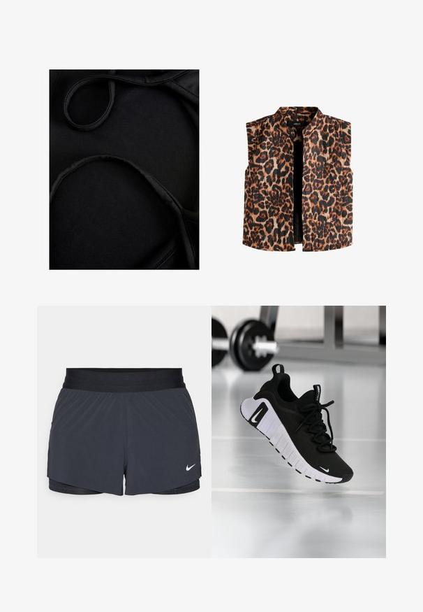 Leopardų rašto be rankovių liemenė su mandarinio tipo apykakle, kuri turi rudos ir juodos spalvų atspalvių ant šviesaus fono ir tiesią apdailą.; Juodas maudymosi kostiumėlio audinys, pasižymintis lygiu paviršiumi, išlenktais petnešomis ir plokščiomis siūlėmis, sukurtas patogumui ir lankstumui naudojimo metu.; Juodos sportinės šortai su elastine talija, turintys sluoksniuotą dizainą ir mažą baltą Nike logotipą kairiajame apačioje. Lengvas audinys.; Juoda sportinė avalynė su tekstūruotu audinio viršumi, balta padu ir ryškiu raištelių sistemu. Puošta Nike logotipu ir minkštu, paminkštintu dizainu.