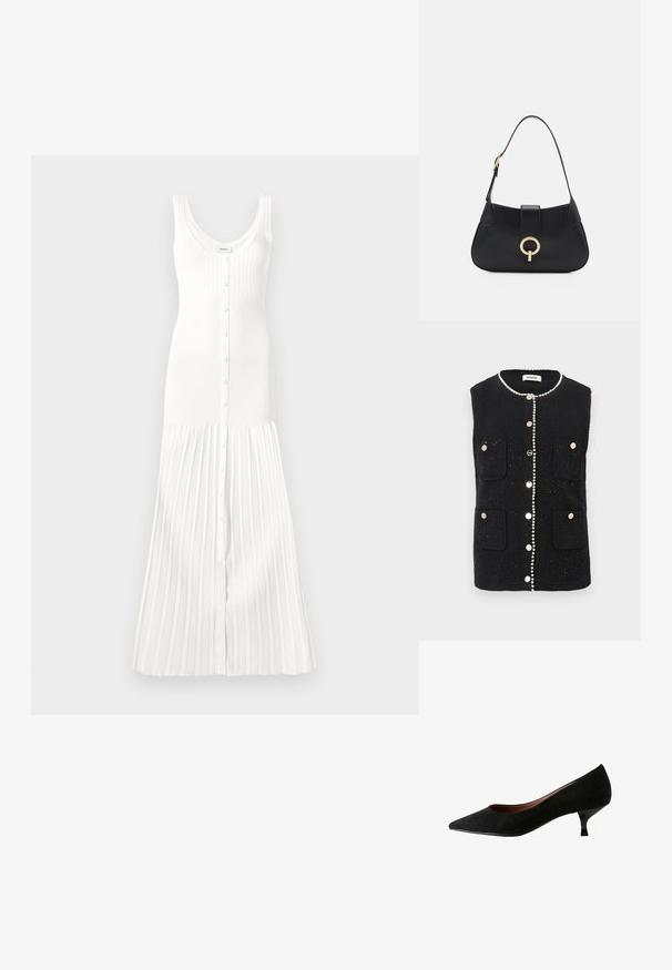 Vest senza maniche nero in tessuto testurizzato, con tasche anteriori, dettagli perlacei lungo il colletto e bottoni metallici al centro.; Abito bianco a coste con scollo a barchetta, bottoni frontali e gonna a pieghe svasata. Realizzato in un tessuto soffice e testurizzato. Finitura liscia.; Next REGULAR FIT - FOREVER COMFORT POINT TOE KITTEN HEELS - Decolleté - mottled black; Borsa a tracolla in pelle nera con silhouette curva, manico corto, hardware centrale in tonalità oro e texture liscia. Nessun motivo o dettaglio visibile.