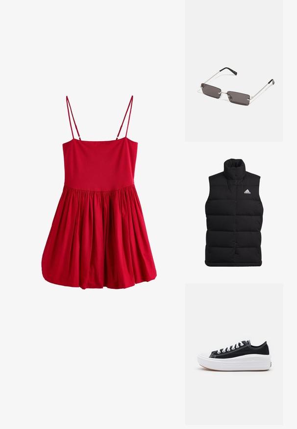 Zwarte puffer vest met een hoge kraag, gequilt ontwerp en wit Adidas-logo op de linkerborst. Gemaakt van lichtgewicht, geïsoleerde stof.; Rode zonder mouwen jurk met een getailleerde bovenkant en een uitlopende, geplooide rok. Gemaakt van lichte stof met dunne bandjes en een gladde textuur.; Zwarte canvas sneakers met witte veters, een witte rubberen teenkap en een chunky witte tussenzool. Bevat subtiele witte stiksels en een gumzool.; Zonnebril met rechthoekige, donkergrijze lenzen, zilveren metalen frames en zwarte kunststof uiteinden op de armen. Lichtgewicht ontwerp met neuspads.