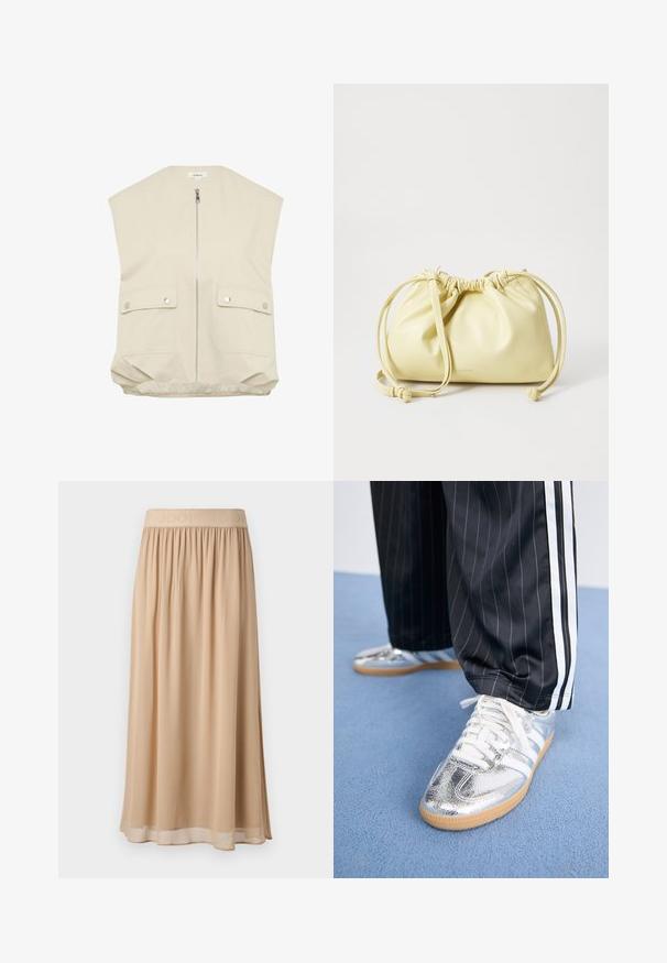 Beige ärmellose Weste mit hohem Kragen, Frontreißverschluss, zwei geknöpften Taschen und einem gerafften Saum. Hergestellt aus glattem, leichtem Stoff.; Weißes Baumwoll-T-Shirt mit kurzen Ärmeln, Rundhalsausschnitt und geradem Schnitt. Glatte Textur, einfaches Design, keine sichtbaren Muster oder Akzente.; Beige lange Rock aus weichem Stoff mit einem gerafften elastischen Bund, der den eingestempelten Markennamen trägt. Leicht und mit fließendem Design.; Metallisch silberne Sneaker mit weißen Schnürsenkeln und drei weißen Streifen, kombiniert mit schwarzen Nadelstreifen-Hosen. Gummisohle am Boden.; Gelbe Lederhandtasche mit gerafftem Design, verstellbarem Kordelzugverschluss und einem langen, einzelnen Tragegurt. Minimale Markenkennzeichnung am Boden.